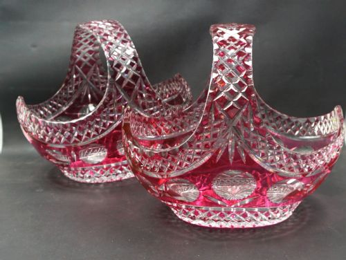 A PAIR OF LARGE RED OVER CRYSTAL GLASS BASKETS VAL ST LAMBERT BELGIUM C1935