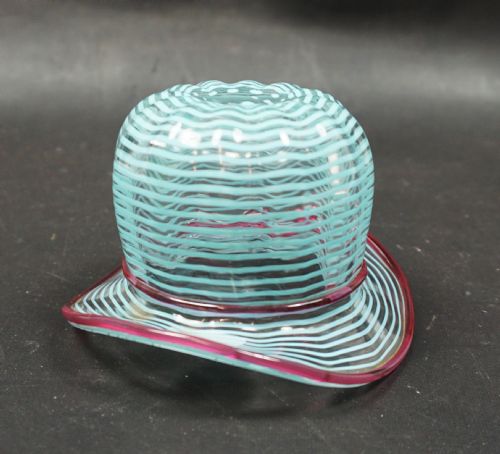 A GLASS HAT WITH PALE BLUE AND RED CANE DECORATION NAILSEA ENGLAND C1870