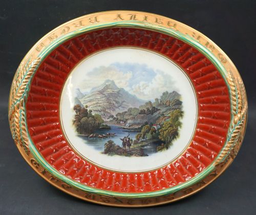 A RARE PRATT WARE BREAD PLATTER DECORATED WITH 'A MOUNTAIN STREAM' AND GIVE US THIS DAY OUR DAILY BREAD ENGLISH C1860