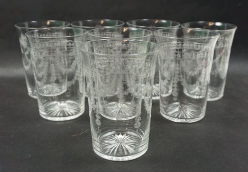 A SET OF EIGHT CRYSTAL GLASS TUMBLERS WITH ACID ETCHED AND CUT DECORATION ENGLISH C1910