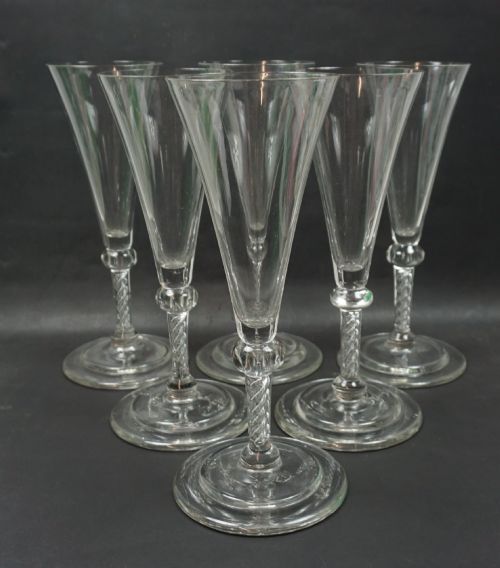 A SET OF SIX VERY TALL WINE FLUTES ON AIR TWIST STEMS ENGLISH C1930