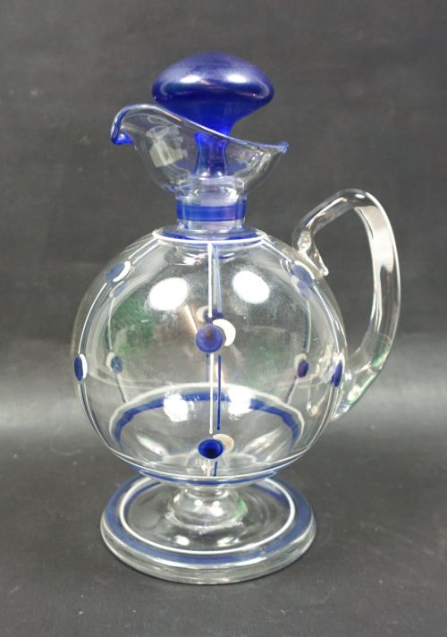 AN ART DECO CRYSTAL GLASS WINE JUG WITH BLUE ENAMEL DECORATION CZECHOSLOVAKIA C1930