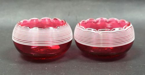 A Pair for Cranberry Glass Salt Cellars with Whit Trail Decoration, English C.1890