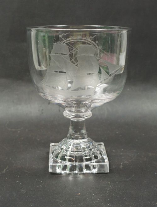 A Square Lemon Squeezer Based Rummer Engraved with a Sailing Ship, English C.1790