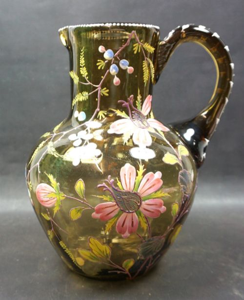 An Olive Green Glass Lemonade Jug with Enameled Flowers Bohemia C.1900