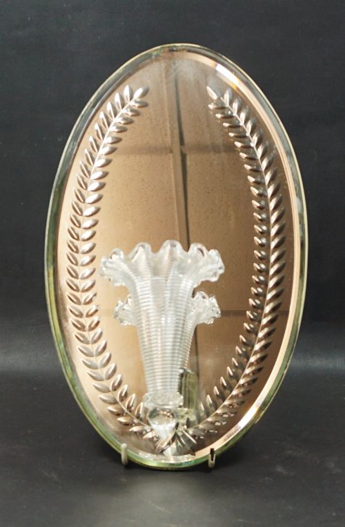 An Oval Hanging Mirror with Crystal Glass Flower Vase, English C.1880
