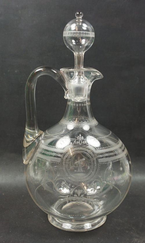 A Crystal Wine Jug Very Well Engraved with a Crest, English C.1880
