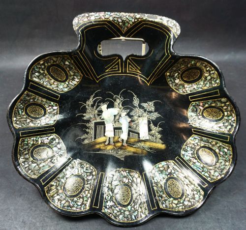 A Papiere Mache Crumb Tray (Corbeille) Inlaid with Chinese Scenes C.1860