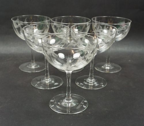 A Set of Six Crystal Champagne Coupes Engraved with Ferns, English C.1900