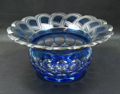An Art Deco Odeon Style Blue Over Crystal Glass Bowl with Heavy Silver Overlay, France C.1930