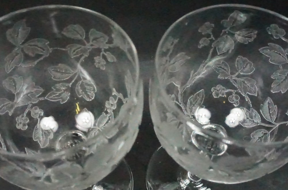 A pair of clear glass stemmed goblets featuring raised acid-etched relief carvings of foliage and fruit on the bowls. View II