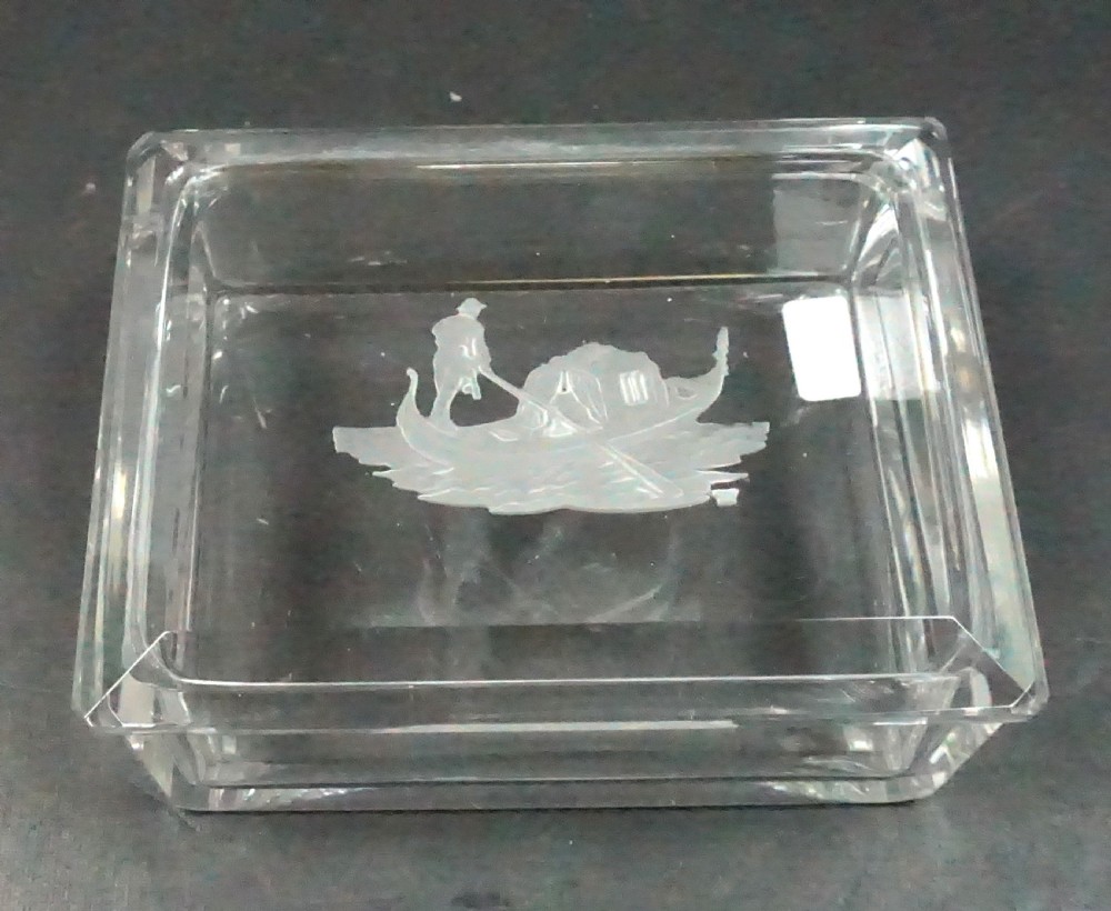 A clear rectangular Art Deco crystal glass box featuring a fitted lid etched with a frosted gondola motif.