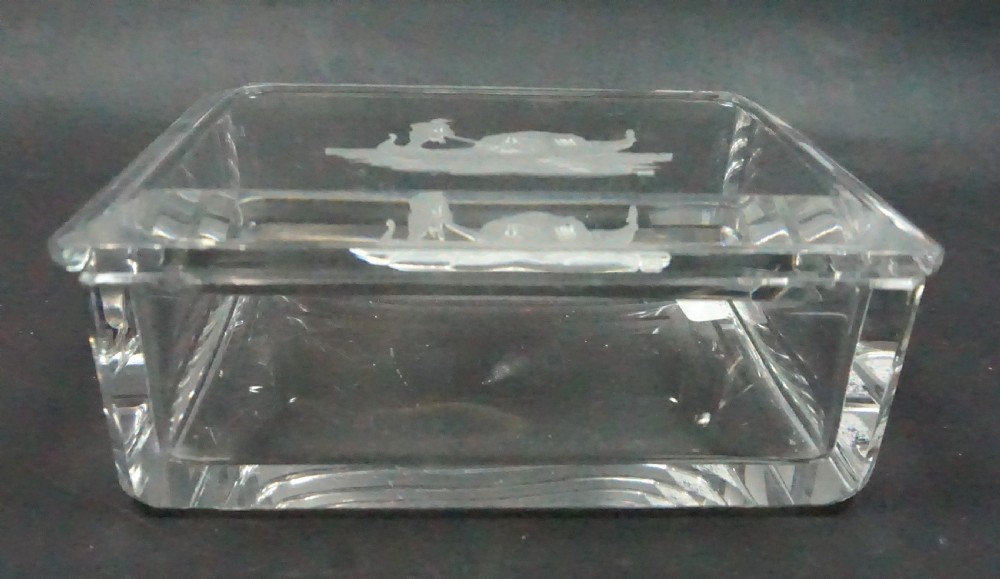 A clear rectangular Art Deco crystal glass box featuring a fitted lid etched with a frosted gondola motif. View II
