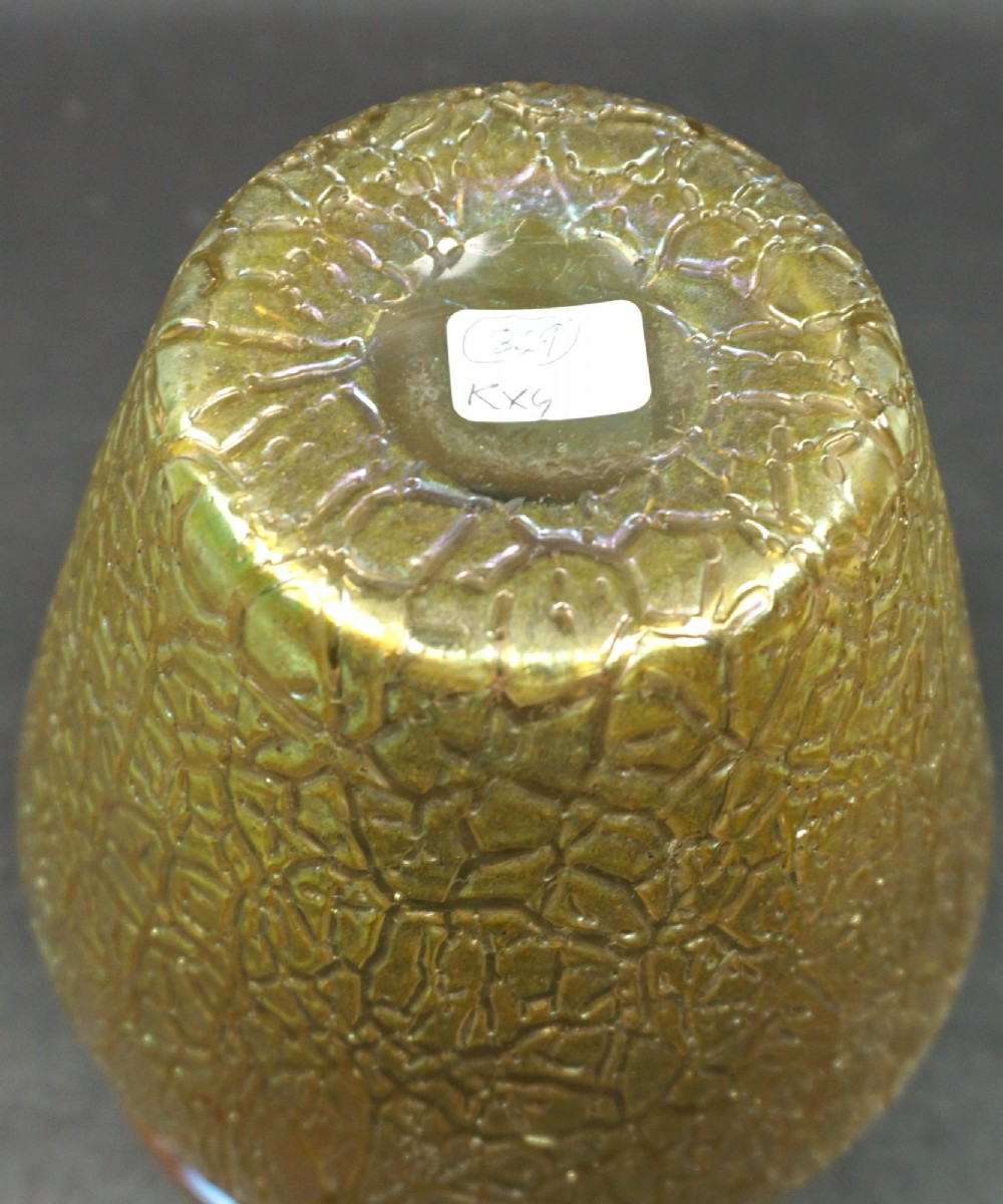 An iridescent golden yellow blown glass vase featuring a webbed surface texture and a crimped rim. View III