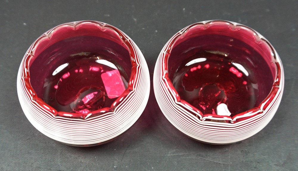A pair for cranberry glass salt cellars with whit trail decoration, English c.1890 View II