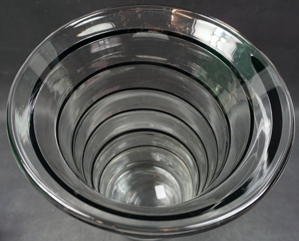 A clear crystal flared vase featuring a continuous spiral of applied black glass cane decoration around its exterior. View II