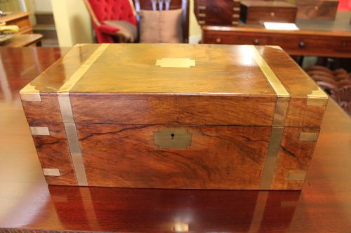 victorian figured walnut brass bound writing slope - CATEGORY: ANTIQUE BOXES - DATED 1880