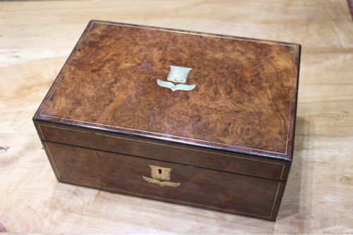 antique victorian burr walnut and brass inlaid writing slope - CATEGORY: ANTIQUE BOXES - DATED VICTORIAN