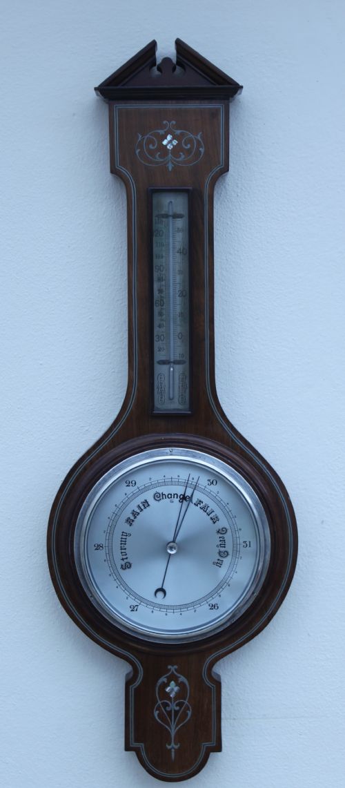 an early 20th century inlaid mahogany aneroid barometer - CATEGORY: ANTIQUE BAROMETERS - DATED 19TH CENTURY