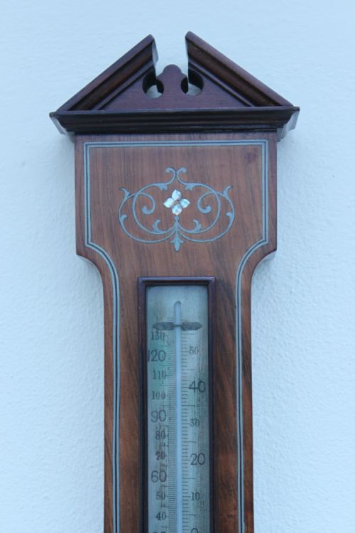 AN EARLY 20TH CENTURY INLAID MAHOGANY ANEROID BAROMETER - ADDITIONAL PHOTO 5