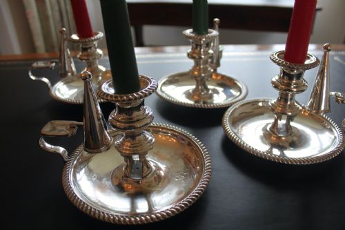 A RARE SET OF FOUR EARLY 19TH CENTURY SILVER PLATED CHAMBER STICKS - ADDITIONAL PHOTO 2