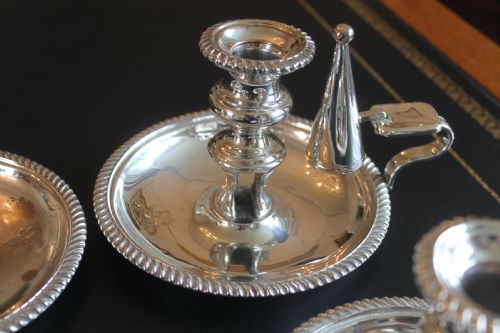 A RARE SET OF FOUR EARLY 19TH CENTURY SILVER PLATED CHAMBER STICKS - ADDITIONAL PHOTO 7