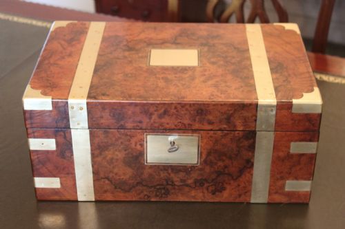 A FINE VICTORIAN BURR WALNUT AND BRASS BOUND WRITING SLOPE - ADDITIONAL PHOTO 1
