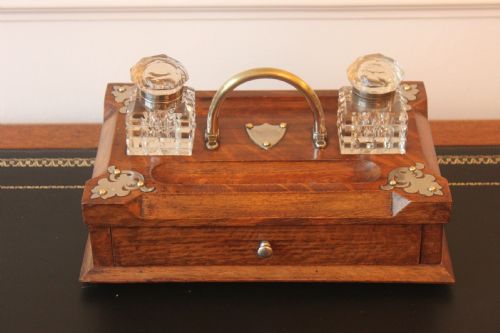 Victorian Oak Ink Standish with Drawer