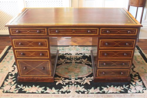 mahogany inlaid sheraton style pedestal desk - CATEGORY: ANTIQUE DESKS - DATED 1930