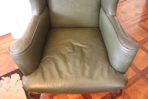 LATE 19THEARLY 20TH CENTURY QUEEN ANNE STYLE WING CHAIR IN GREEN HIDE - ADDITIONAL PHOTO 1