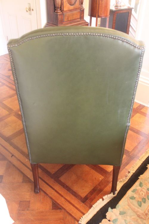 LATE 19THEARLY 20TH CENTURY QUEEN ANNE STYLE WING CHAIR IN GREEN HIDE - ADDITIONAL PHOTO 4