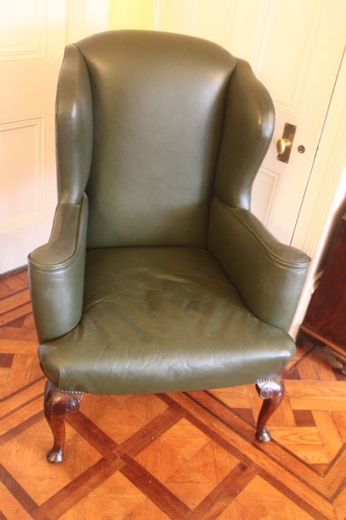 LATE 19THEARLY 20TH CENTURY QUEEN ANNE STYLE WING CHAIR IN GREEN HIDE - ADDITIONAL PHOTO 5
