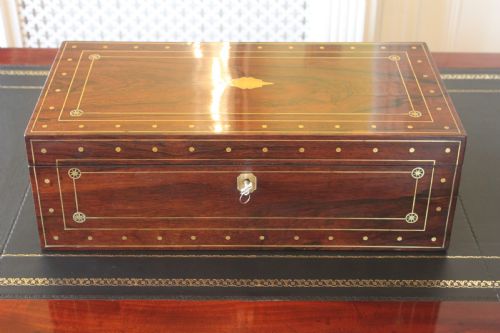 regency rosewood and brass inlaid writing slope - CATEGORY: ANTIQUE BOXES - DATED REGENCY