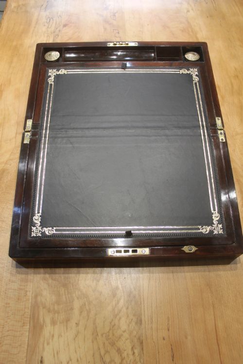 VICTORIAN ROSEWOOD AND PEWTER LINE INLAID WRITING SLOPE - ADDITIONAL PHOTO 6