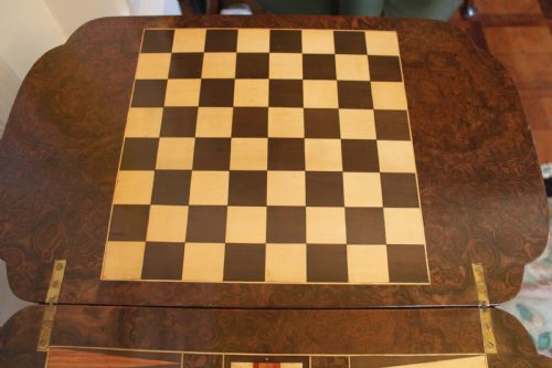A VICTORIAN BURR WALNUT GAMES SEWING TABLE - ADDITIONAL PHOTO 6