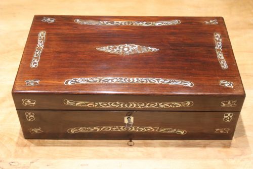 rosewood and motherof pearl inlaid writing slope - CATEGORY: ANTIQUE BOXES - DATED VICTORIAN