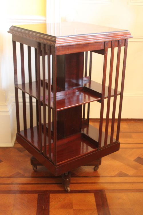 AN EDWARDIAN MAHOGANY AND INLAID REVOLVING BOOKCASE - ADDITIONAL PHOTO 2