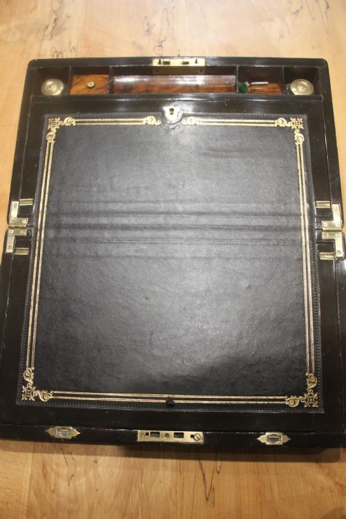 VICTORIAN WALNUT AND BRASS BOUND WRITING SLOPE WITH BRAMAH LOCK KEY AND SECRET DRAWERS - ADDITIONAL PHOTO 4
