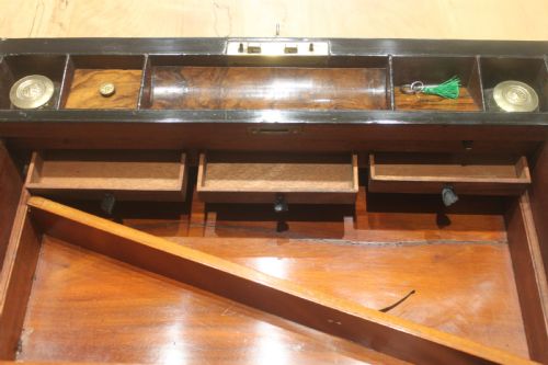 VICTORIAN WALNUT AND BRASS BOUND WRITING SLOPE WITH BRAMAH LOCK KEY AND SECRET DRAWERS - ADDITIONAL PHOTO 11