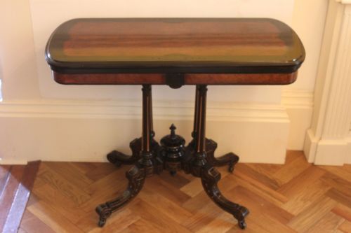 A Victorian burr walnut and ebonised foldover card table