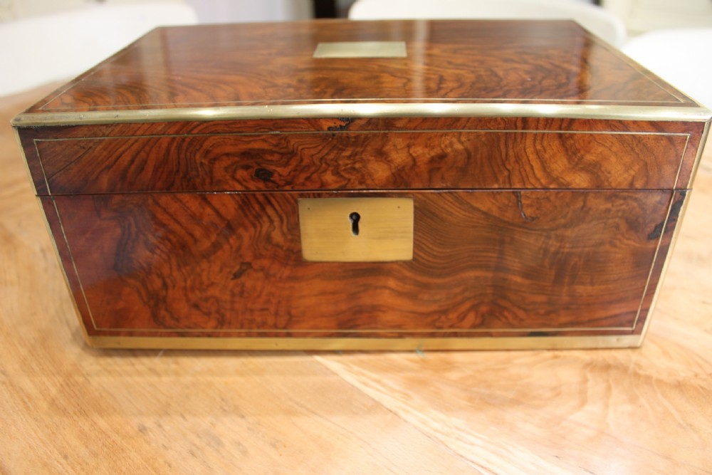  Antique Victorian walnut brass inlaid writing slope  View X