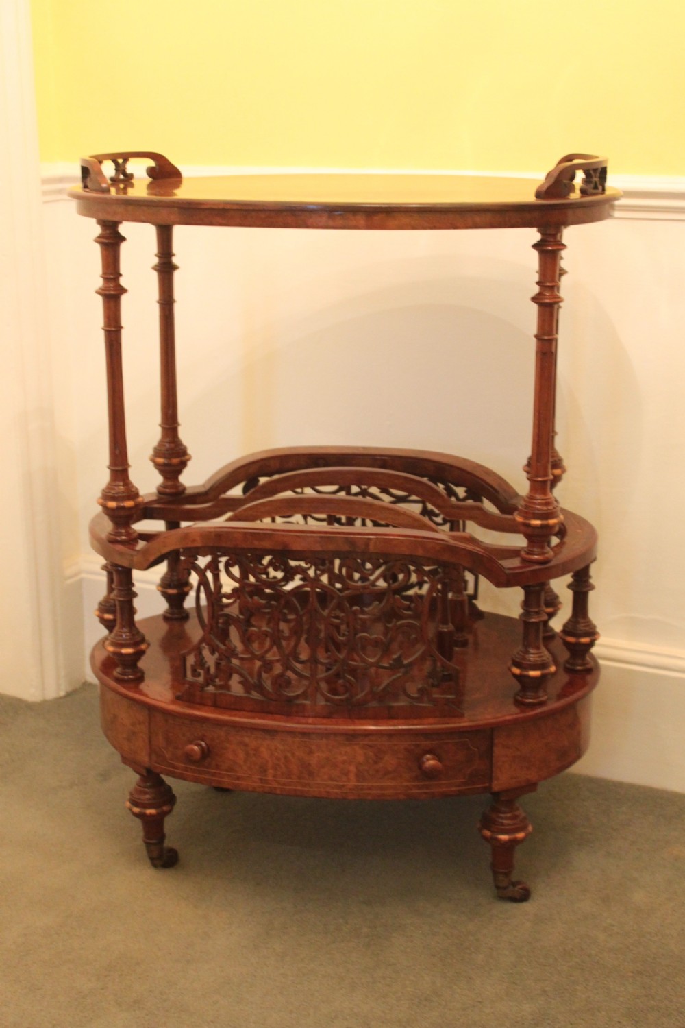 A superb quality early Victorian walnut inlaid Canterbury what-not View II