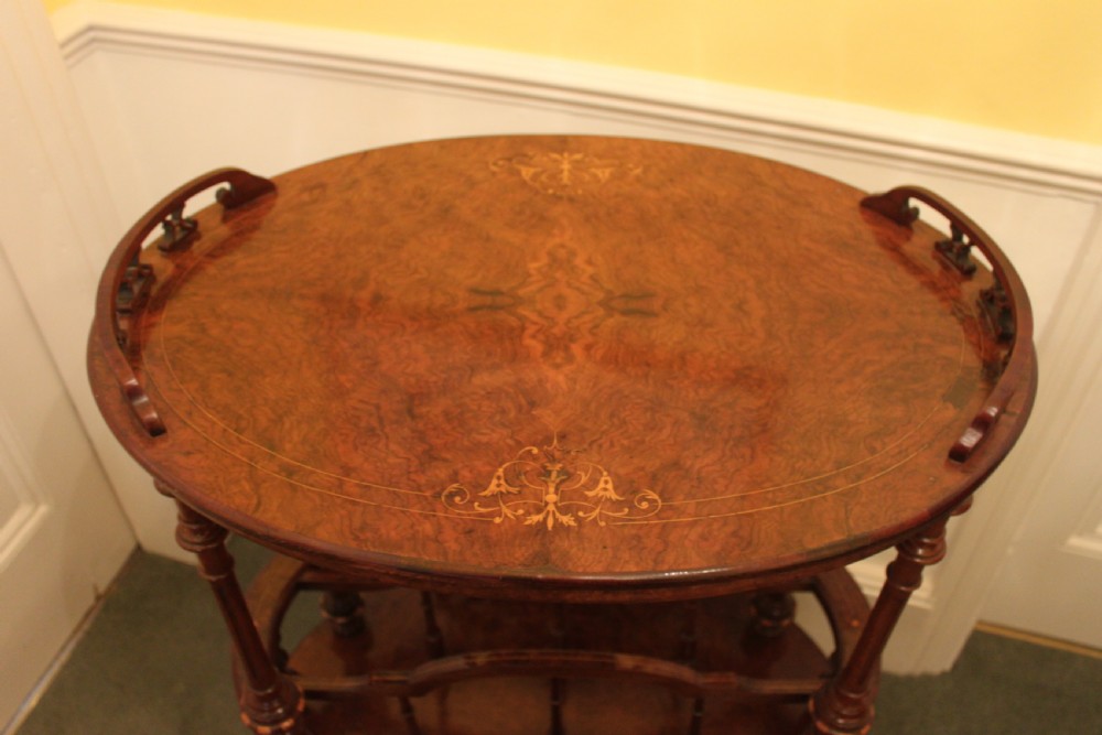 A superb quality early Victorian walnut inlaid Canterbury what-not View III