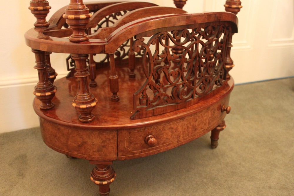A superb quality early Victorian walnut inlaid Canterbury what-not View V
