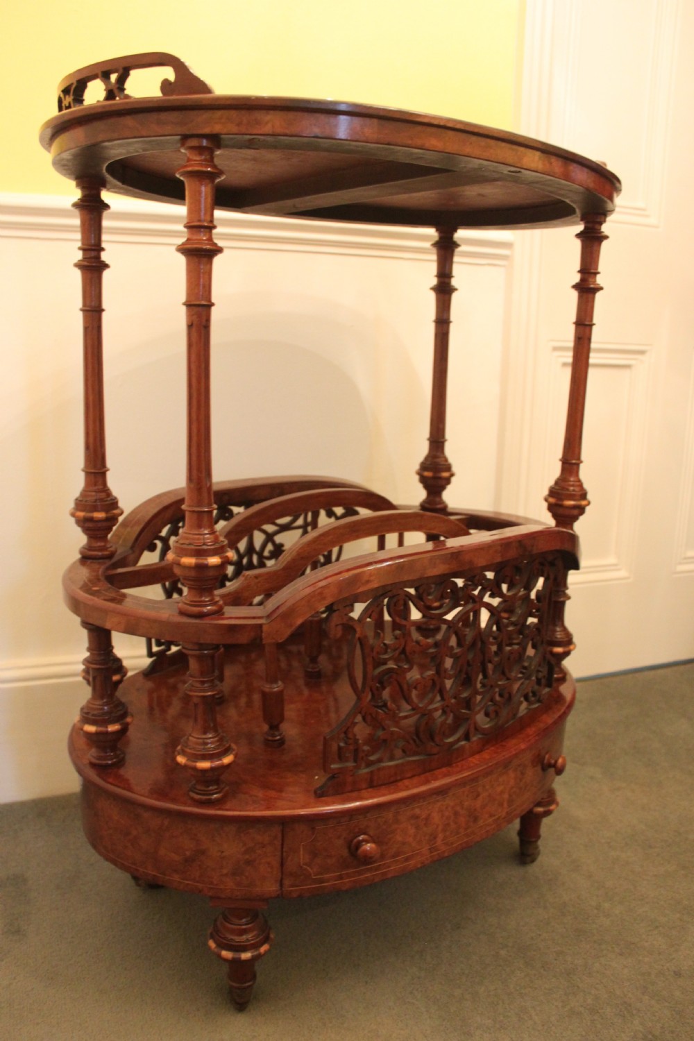 A superb quality early Victorian walnut inlaid Canterbury what-not View VI