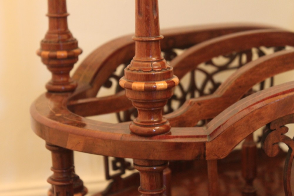 A superb quality early Victorian walnut inlaid Canterbury what-not View VII