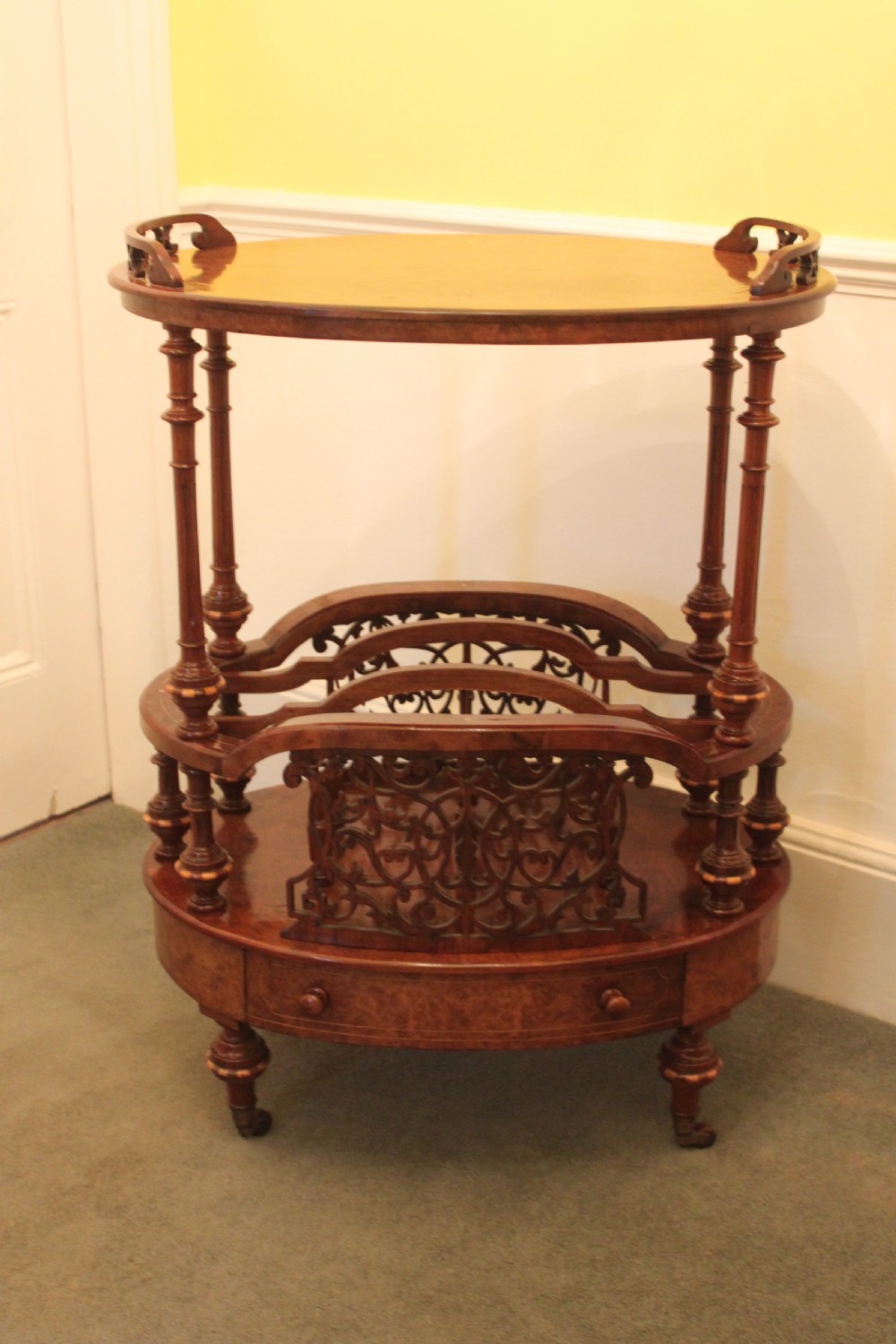 A superb quality early Victorian walnut inlaid Canterbury what-not View X