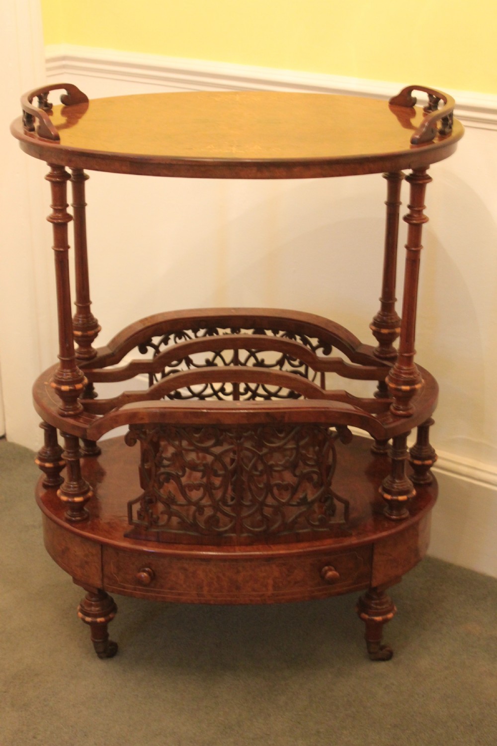 A superb quality early Victorian walnut inlaid Canterbury what-not View XI