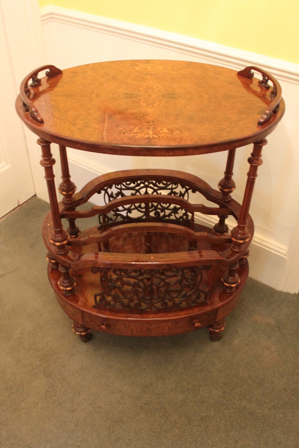 A superb quality early Victorian walnut inlaid Canterbury what-not View XII