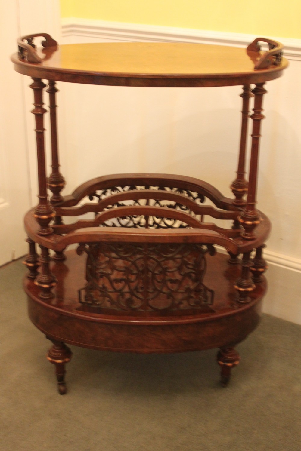 A superb quality early Victorian walnut inlaid Canterbury what-not View XIII